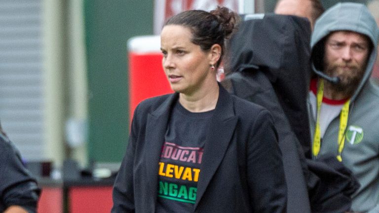 PORTLAND, OR - JUNE 19: Portland Thorns coach Rhian Wilkinson during NWSL match between the Orlando Pride and the Portland Thorns on June 19, 2022, at Providence Park in Portland, OR. (Photo by Diego Diaz/Icon Sportswire) (Icon Sportswire via AP Images)