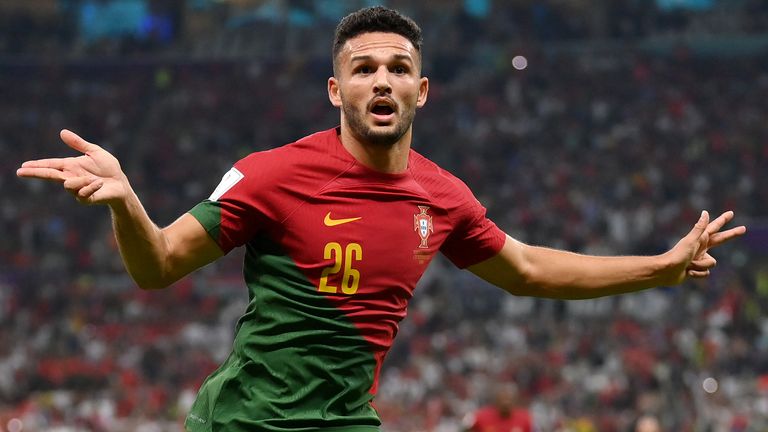 Goncalo Ramos celebrates after opening the scoring for Portugal against Switzerland