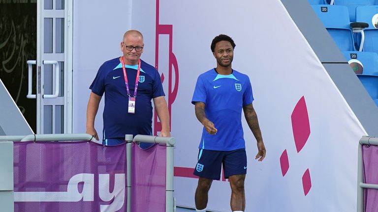 England&#39;s Raheem Sterling walks out for the training session at the Al Wakrah Sports Complex in Al Wakrah, Qatar. Picture date: Friday December 9, 2022.