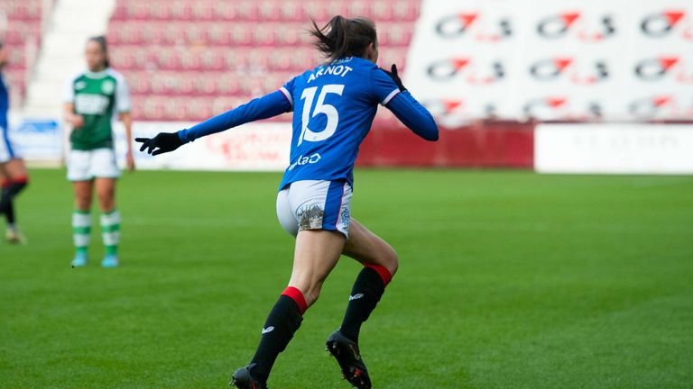 EDINBURGH, SCOTLAND - DECEMBER 11: Lizzie Arnott runs away to celebrate her goal to make it 1-0 Rangers during the SWPL Sky Sports Cup final between Rangers and Hibernian at Tynecastle Park, on December 11, in Edinburgh, Scotland.  (Photo by Mark Scates / SNS Group)