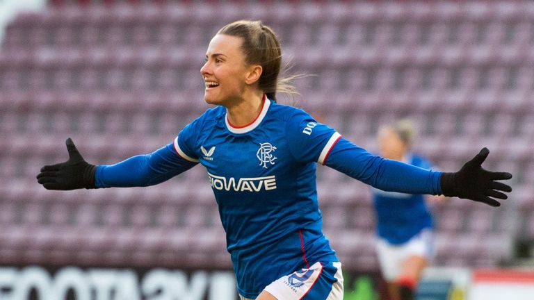 EDINBURGH, SCOTLAND - DECEMBER 11: Kirsty Howat celebrates her goal to make it 2-0 Rangers during the SWPL Sky Sports Cup final between Rangers and Hibernian at Tynecastle Park, on December 11, in Edinburgh, Scotland.  (Photo by Mark Scates / SNS Group)