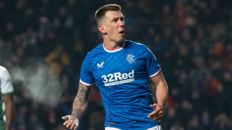 Rangers' Ryan Jack celebrates after making it 2-2 during a cinch Premiership match between Rangers and Hibernian at Ibrox Stadium