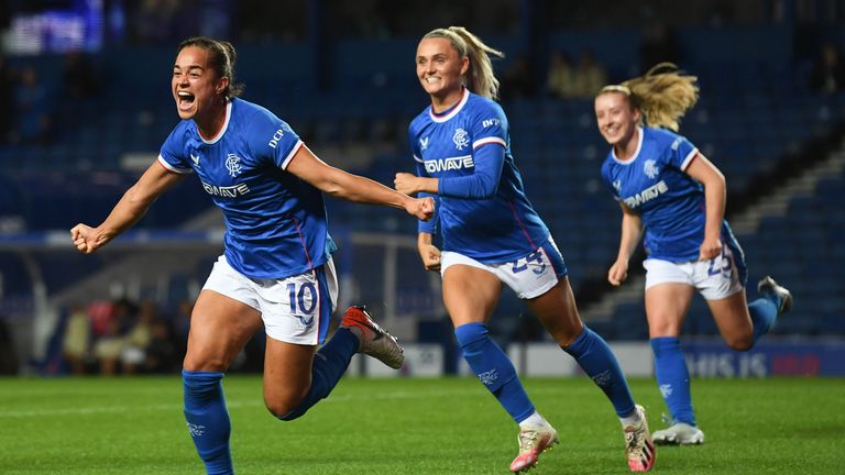 GLASGOW, SCOTLAND - SEPTEMBER 20: Rangers Kayla McCoy celebrates making it 1-0 during a UEFA Women&#39;s Champions League second round match  between Rangers Women and Benfica at Ibrox, on September 20, 2022, in Glasgow, Scotland.  (Photo by Craig Foy / SNS Group)