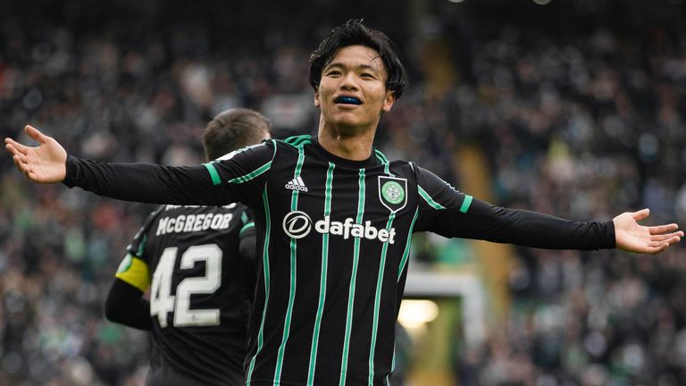 Celtic's Reo Hatate celebrates making it 1-0 vs St Johnstone at Celtic Park