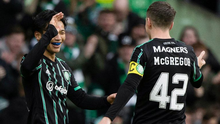 Celtic's Reo Hatate celebrates making it 4-0 with Callum McGregor against St Johnstone