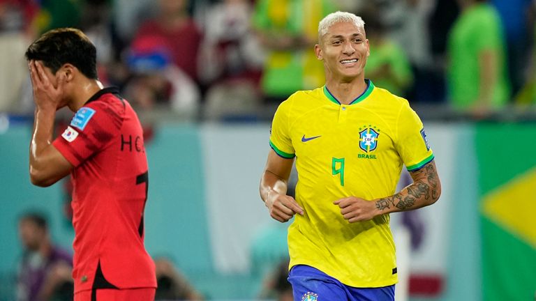 Richarlison celebrates after scoring Brazil's third goal