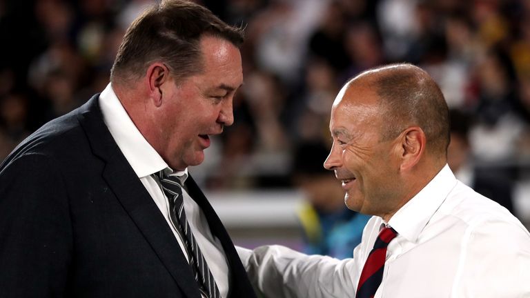 England coach Eddie Jones (left) and New Zealand coach Steve Hansen on the pitch after the 2019 Rugby World Cup Semi Final