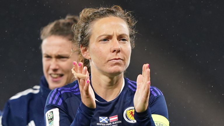 Scotland&#39;s Rachel Corsie applauds the fans following the FIFA Women&#39;s World Cup match at Hampden Park, Glasgow. Picture date: Thursday October 6, 2022.