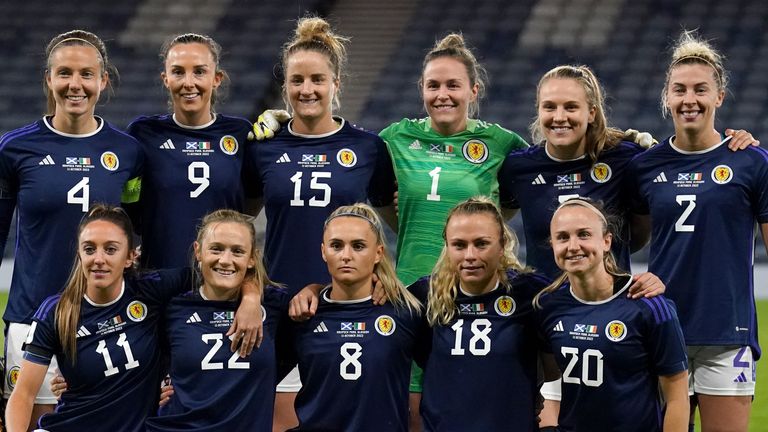 Scotland pose for a team photo prior to the FIFA Women's World Cup 2023 qualifying play-off match at Hampden Park, Glasgow. Picture date: Tuesday October 11, 2022.