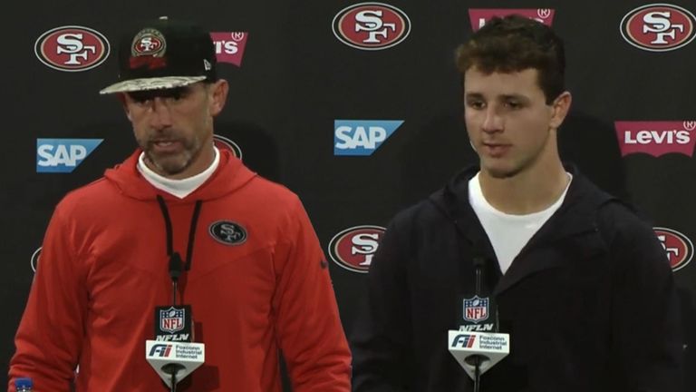 San Francisco 49ers head coach Kyle Shanahan and rookie quarterback Brock Purdy discuss Jimmy Garoppolo's season-ending injury