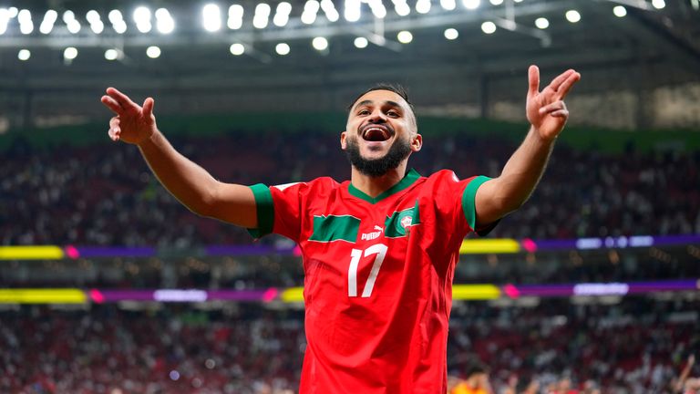 Morocco&#39;s Sofiane Boufal celebrates the 1-0 quarter-final win over Portugal