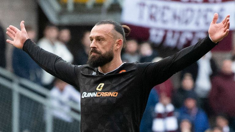 Dundee United's Steven Fletcher celebrates after scoring vs Hearts