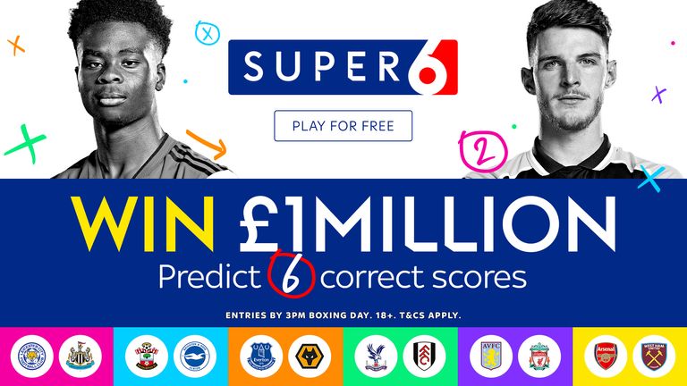 The £1,000,000 jackpot returns with Super 6. Completely free to play, enter by 3pm Boxing Day.