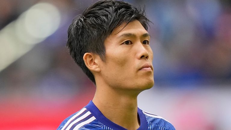 Japan's Takehiro Tomiyasu is pictured prior the international friendly soccer match between USA and Japan in Duesseldorf, Germany, Friday, Sept. 23, 2022. (AP Photo/Martin Meissner)
