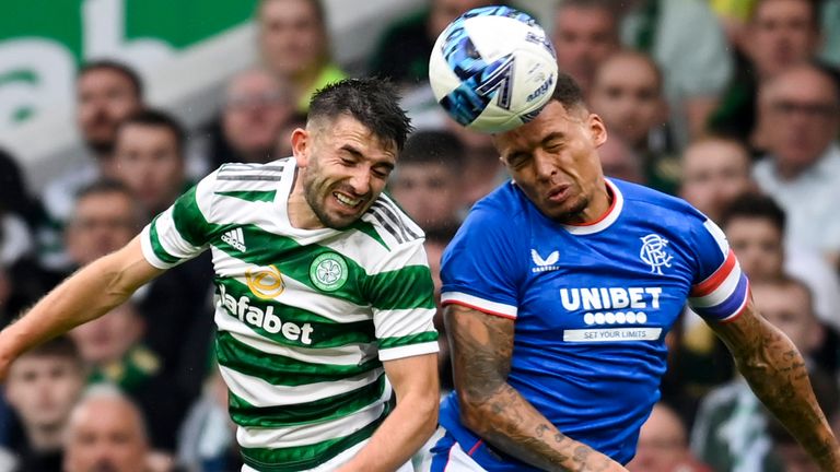 GLASGOW, SCOTLAND - SEPTEMBER 03: Celtic&#39;s Greg Taylor (L) and Rangers&#39; James Tavernier during a cinch Premiersip match between Celtic and Rangers at Celtic Park, on September 03, 2022, in Glasgow, Scotland.  (Photo by Rob Casey / SNS Group)