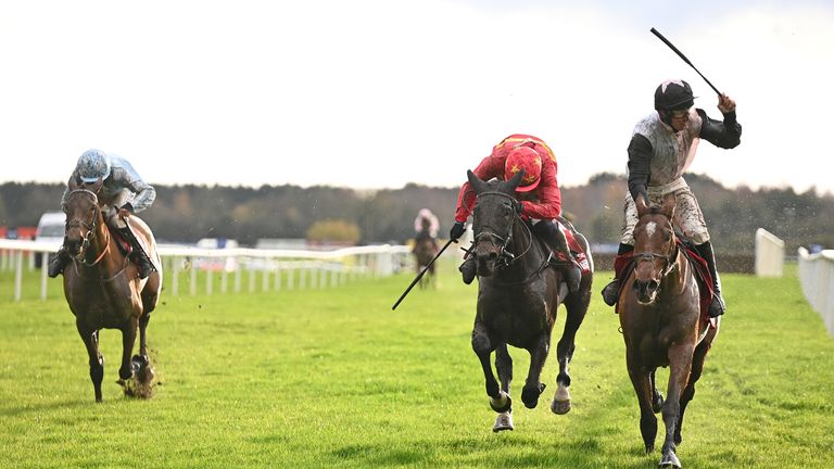 Teahupoo and Jack Kennedy (right) win the Bar One Racing Hatton's Grace Hurdle from Klassical Dream (centre) and Honeysuckle (left)