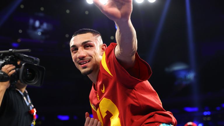 NEW YORK, NEW YORK - DECEMBER 10: Teofimo Lopez celebrates after defeating Sandor Martin, during their junior welterweight fight at Madison Square Garden on December 10, 2022 in New York City. (Photo by Mikey Williams/Top Rank Inc via Getty Images)