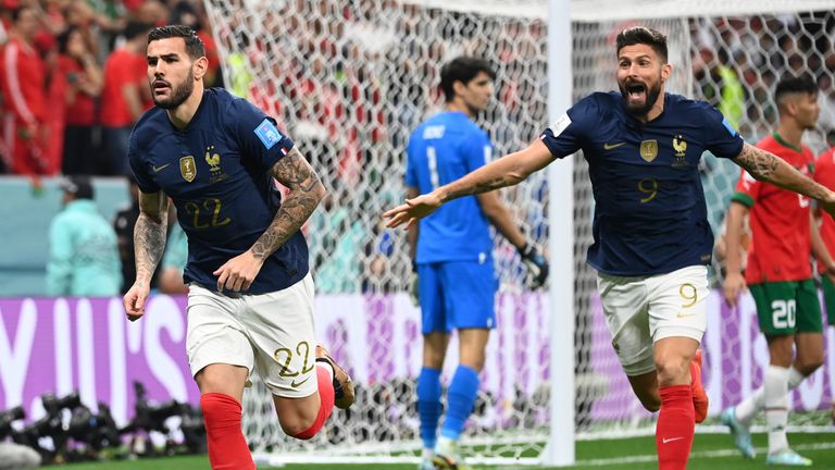 Theo Hernandez and team-mate Olivier Giroud celebrate France taking the lead