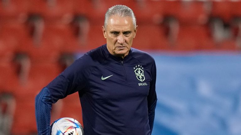 Brazil's head coach Tite attends a training session