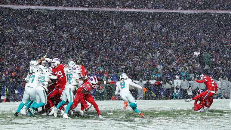 Tyler Bass held his nerve to settle the game in favour of Buffalo as snow swirled around Orchard Park