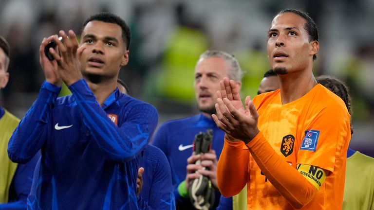 Virgil van Dijk celebrates with Netherlands team-mate Cody Gakpo 