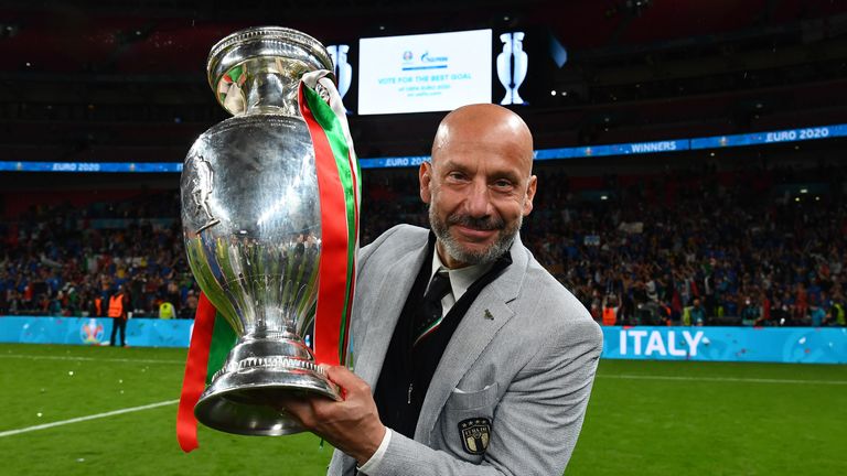 Gianluca Vialli celebrates with the European Championship trophy