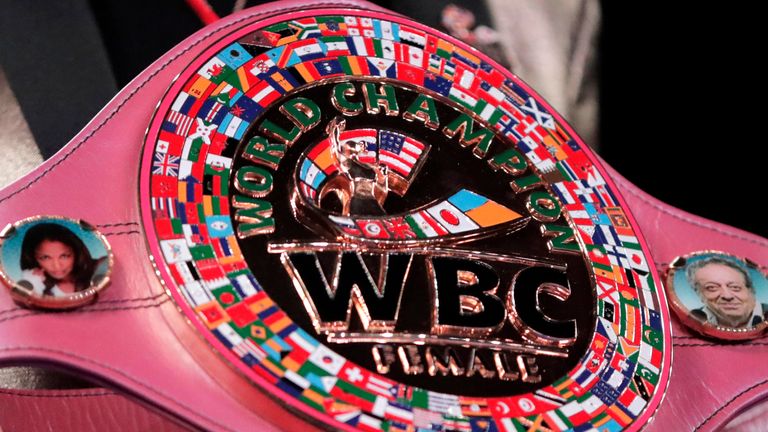 The WBC women&#39;s boxing title belt is displayed on the ring prior to the women&#39;s unification world middleweight championship boxing bout between Claressa Shields and Christina Hammer, Saturday, April 13, 2019, in Atlantic City, N.J. (AP Photo/Julio Cortez)