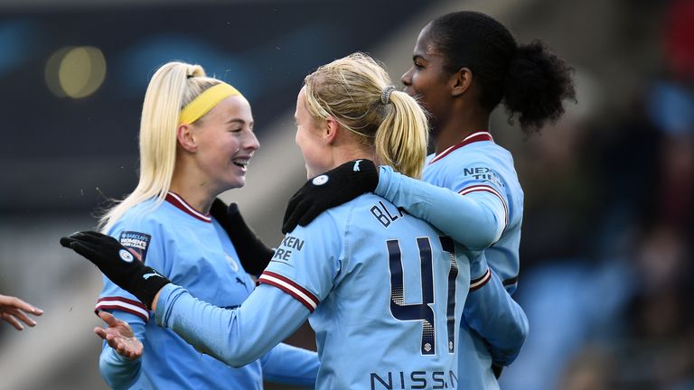Julie Blakstad is congratulated after doubling Man City&#39;s lead