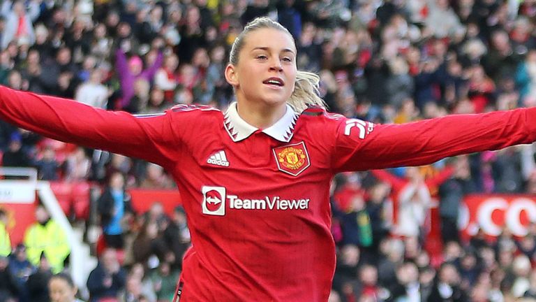 Alessia Russo celebrates after scoring Manchester United&#39;s third goal against Aston Villa