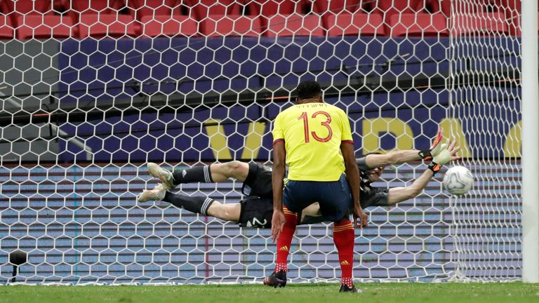 Yerry Mina has his penalty saved by Emiliano Martinez in Colombia's penalty shootout defeat to Argentina at the 2021 Copa America