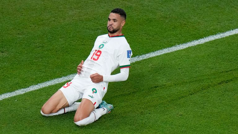 Morocco&#39;s Youssef En-Nesyri celebrates after he scored his side&#39;s second goal during the World Cup group F soccer match between Canada and Morocco at the Al Thumama Stadium in Doha , Qatar, Thursday, Dec. 1, 2022. (AP Photo/Alessandra Tarantino)