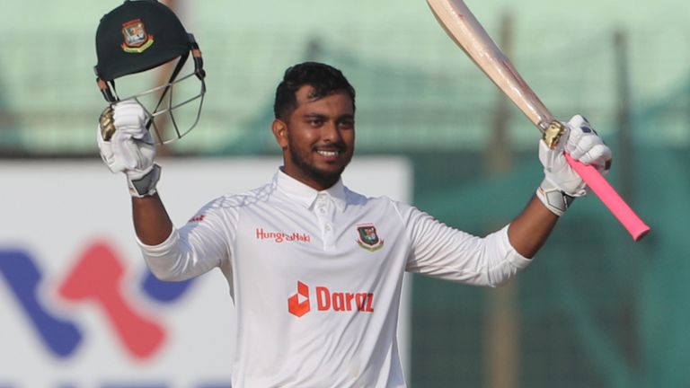 Bangladesh&#39;s Zakir Hasan celebrates scoring a century during the day four of the first Test cricket match  between Bangladesh and India in Chattogram, Bangladesh, Saturday, Dec. 17, 2022. (AP Photo/Surjeet Yadav)