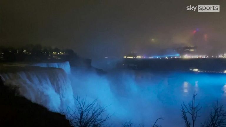 Niagara Falls, Old County Hall and Peace Bridge in Buffalo City are lit in blue in support of Damar Hamlin, who suffered a cardiac arrest during the game between the Buffalo Bills and Cincinnati Bengals