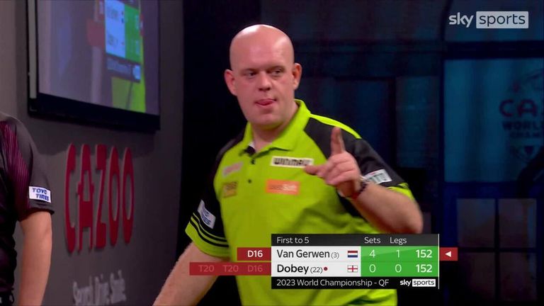 Michael van Gerwen underlined his title credentials by checking out this 152 in his fifth set against Chris Dobey