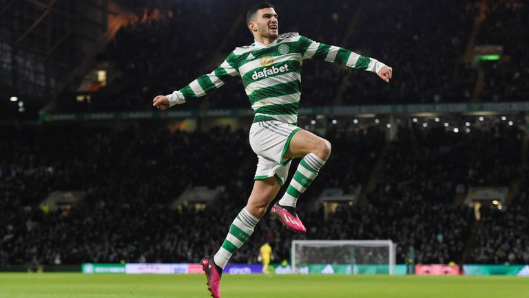 GLASGOW, SCOTLAND - JANUARY 18: Celtic's Liel Abada celebrates after making it 1-0 during a cinch Premiership match between Celtic and St Mirren at Celtic Park, on January 18, 2023, in Glasgow, Scotland.  (Photo by Ross MacDonald / SNS Group)