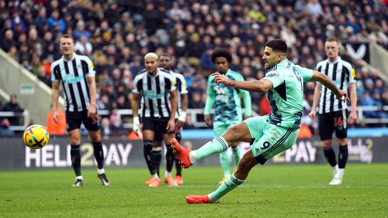  Aleksandar Mitrovic scores from the penalty spot, but touches the ball twice resulting in the goal being disallowed