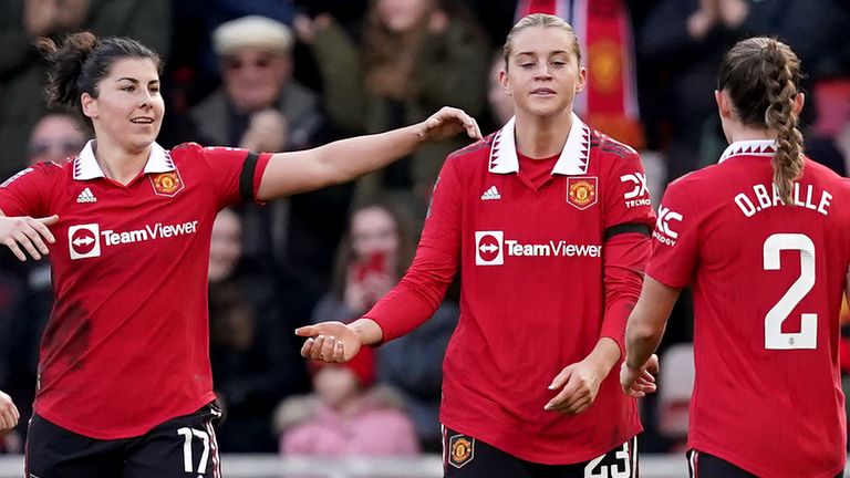 Alessia Russo (second right) celebrates with team-mates after scoring Manchester United&#39;s second goal vs Liverpool