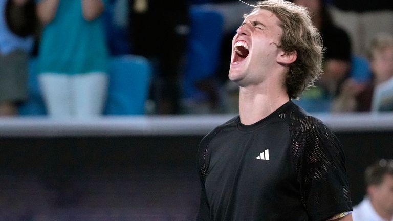 Alexander Zverev of Germany reacts after defeating Juan Pablo Varillas of Peru in their first round match at the Australian Open tennis championship in Melbourne, Australia, Tuesday, Jan. 17, 2023. (AP Photo/Dita Alangkara)