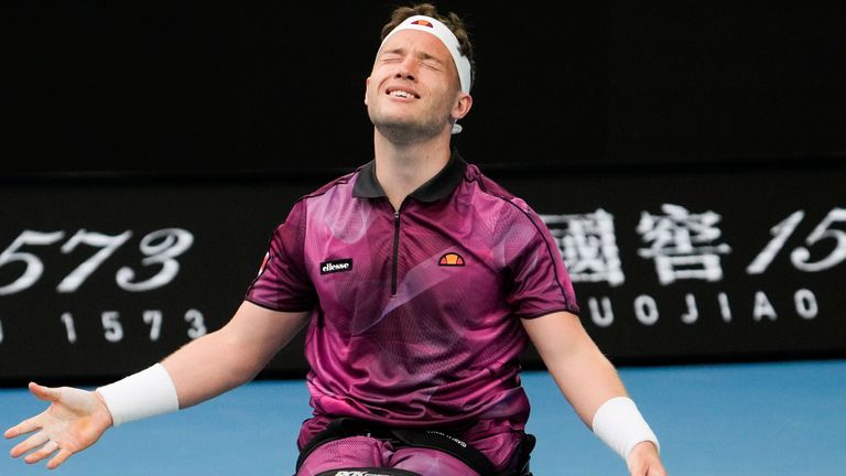 Britain's Alfie Hewett reacts after defeating Japan's Tokito Oda in the men's wheelchair final at the Australian Open tennis championships in Melbourne, Australia, Saturday, January 28, 2023. (AP Photo/ Ng Han Guan)
