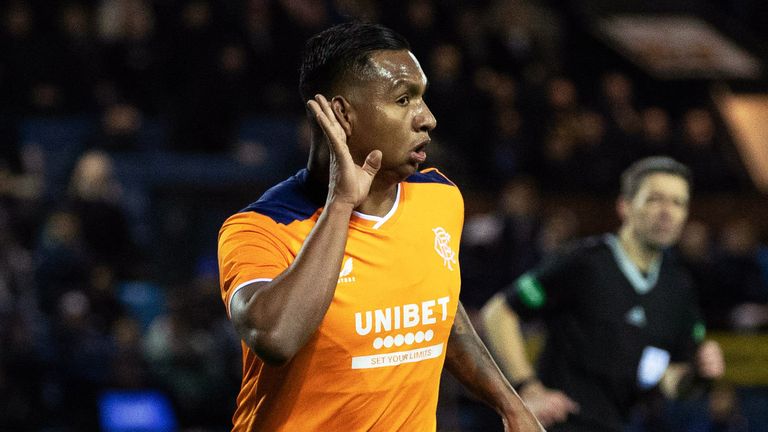 KILMARNOCK, SCOTLAND - JANUARY 18: Alfredo Morelos celebrates making it 1-1 during a cinch Premiership match between Kilmarnock and Rangers at Rugby Park, on January 18, 2023, in Kilmarnock, Scotland. (Photo by Alan Harvey / SNS Group)