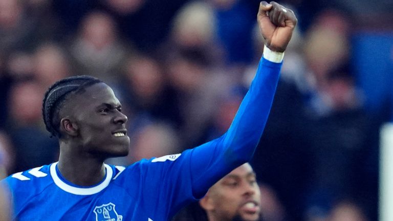 Everton's Amadou Onana celebrates after scoring his side's opening goal