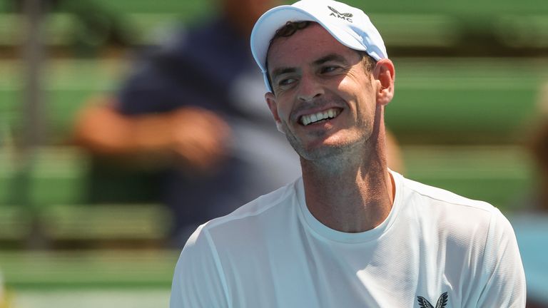 Britain&#39;s Andy Murray reacts after winning a point against Australia&#39;s Alex de Minaur during their match at the Kooyong Classic in Melbourne, Australia, Thursday, Jan. 12, 2023. (AP Photo/Asanka Brendon Ratnayake)