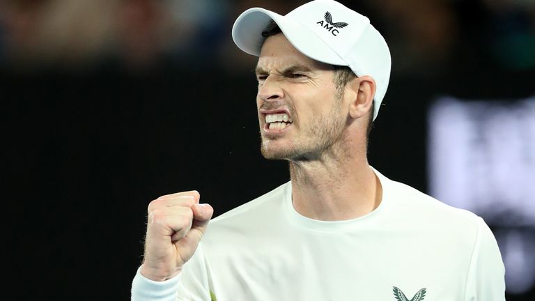 Andy Murray of Great Britain reacts in their round one singles match against Matteo Berrettini of Italy during day two of the 2023 Australian Open at Melbourne Park on January 17, 2023 in Melbourne, Australia. (Photo by Kelly Defina/Getty Images)