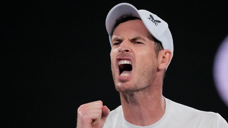Andy Murray of Britain reacts during his first round match against Matteo Berrettini of Italy at the Australian Open tennis championship in Melbourne, Australia, Tuesday, Jan. 17, 2023. (AP Photo/Aaron Favila)
