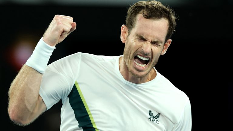 Andy Murray of Great Britain celebrates match point in their round one singles match against Matteo Berrettini of Italy during day two of the 2023 Australian Open at Melbourne Park on January 17, 2023 in Melbourne, Australia. (Photo by Clive Brunskill/Getty Images)
