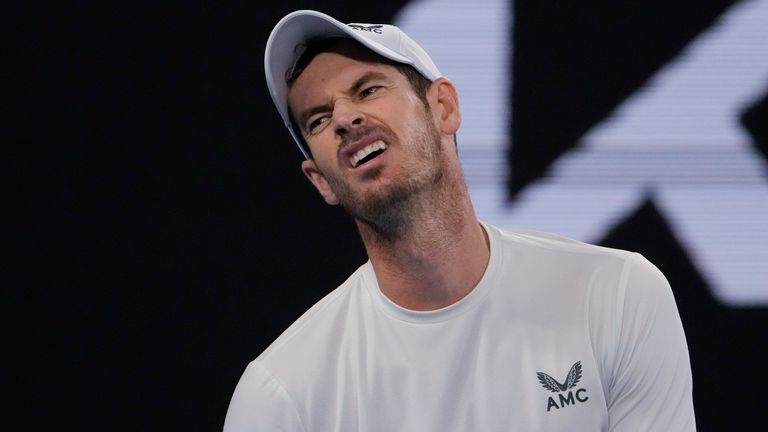 Andy Murray of Britain reacts after losing a point to Roberto Bautista Agut of Spain during their third round match at the Australian Open tennis championship in Melbourne, Australia, Saturday, Jan. 21, 2023. (AP Photo/Ng Han Guan)
