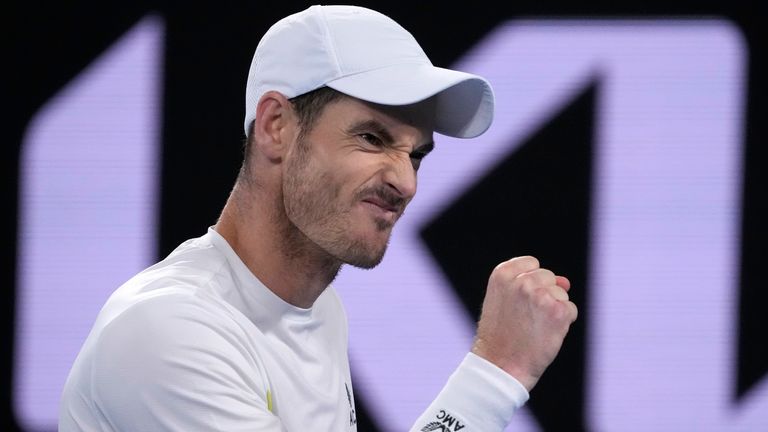 Andy Murray of Britain reacts during his match against Thanasi Kokkinakis of Australia at the Australian Open tennis championship in Melbourne, Australia, Friday, Jan. 20, 2023. (AP Photo/Ng Han Guan)