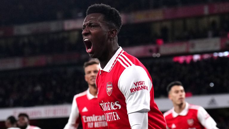 Eddie Nketiah roars in celebration after equalizing for Arsenal against Manchester United