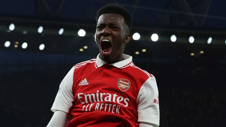 Eddie Nketiah celebrates after heading Arsenal level against Manchester United