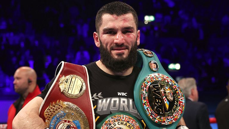 LONDON, ENGLAND - JANUARY 28: Artur Beterbiev celebrates after defeating Anthony Yarde, during their WBC,IBF and WBO light heavyweight Championship fight, at OVO Arena Wembley on January 28, 2023 in London, England. (Photo by Mark Robison/Top Rank Inc via Getty Images)